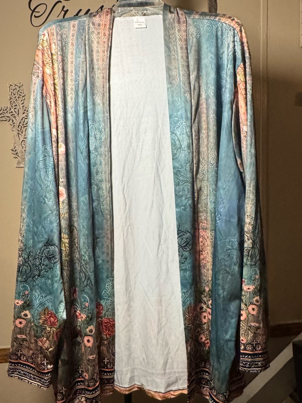 Women's Teal Floral Open-Front Kimono Jacket